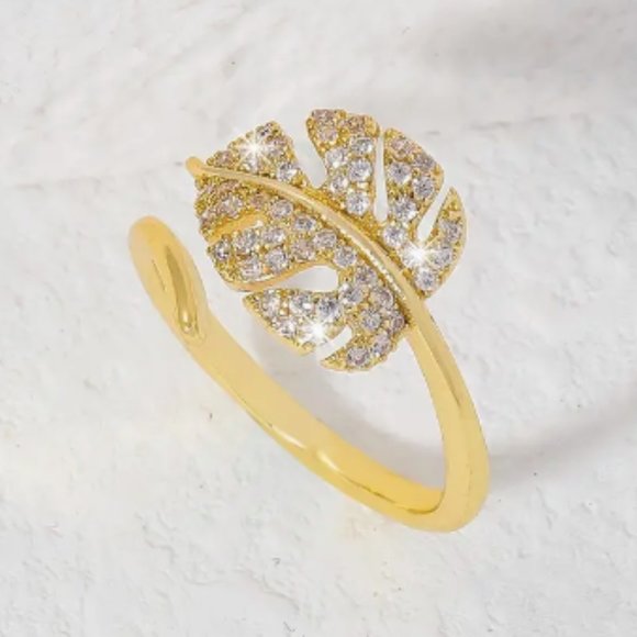 Jewelry - 18k Gold Plated Adjustable Gold Leaf Diamond Ring